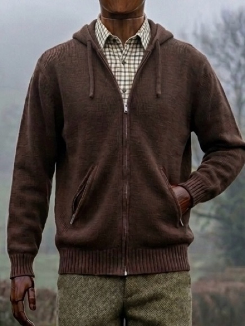 Crafted in the U.K., Vintage St Michael Brown Knit Zipper Hoodie Sweater Coat
